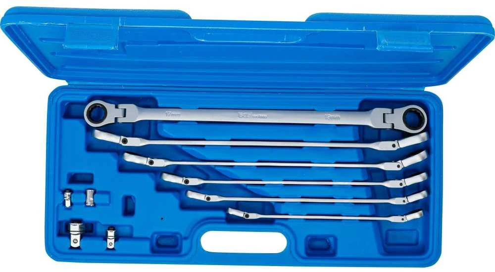 Bgs Technic Pailgintų terkšlinių vartomų dvipusių raktų rinkinys | su adapteriais galvutėms | 8 - 19 mm | 10 vnt. (1541)