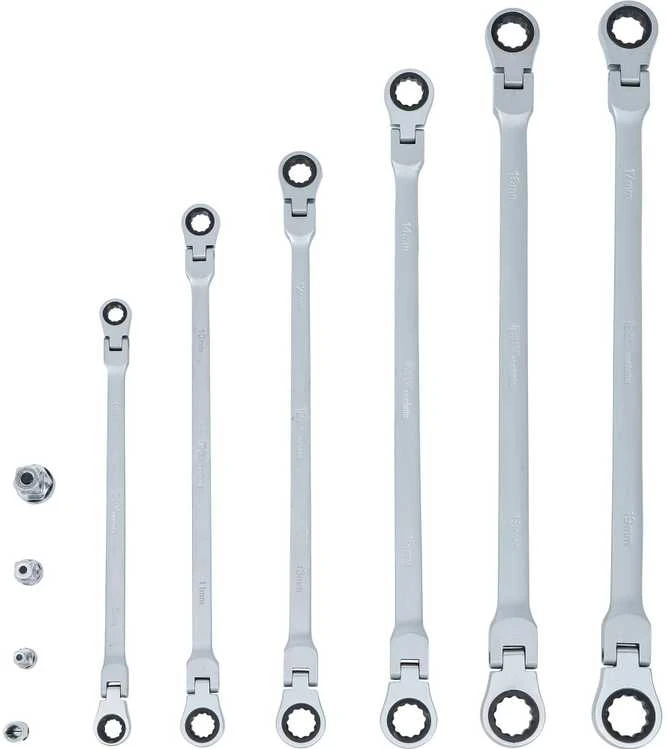 Bgs Technic Pailgintų terkšlinių vartomų dvipusių raktų rinkinys | su adapteriais galvutėms | 8 - 19 mm | 10 vnt. (1541)