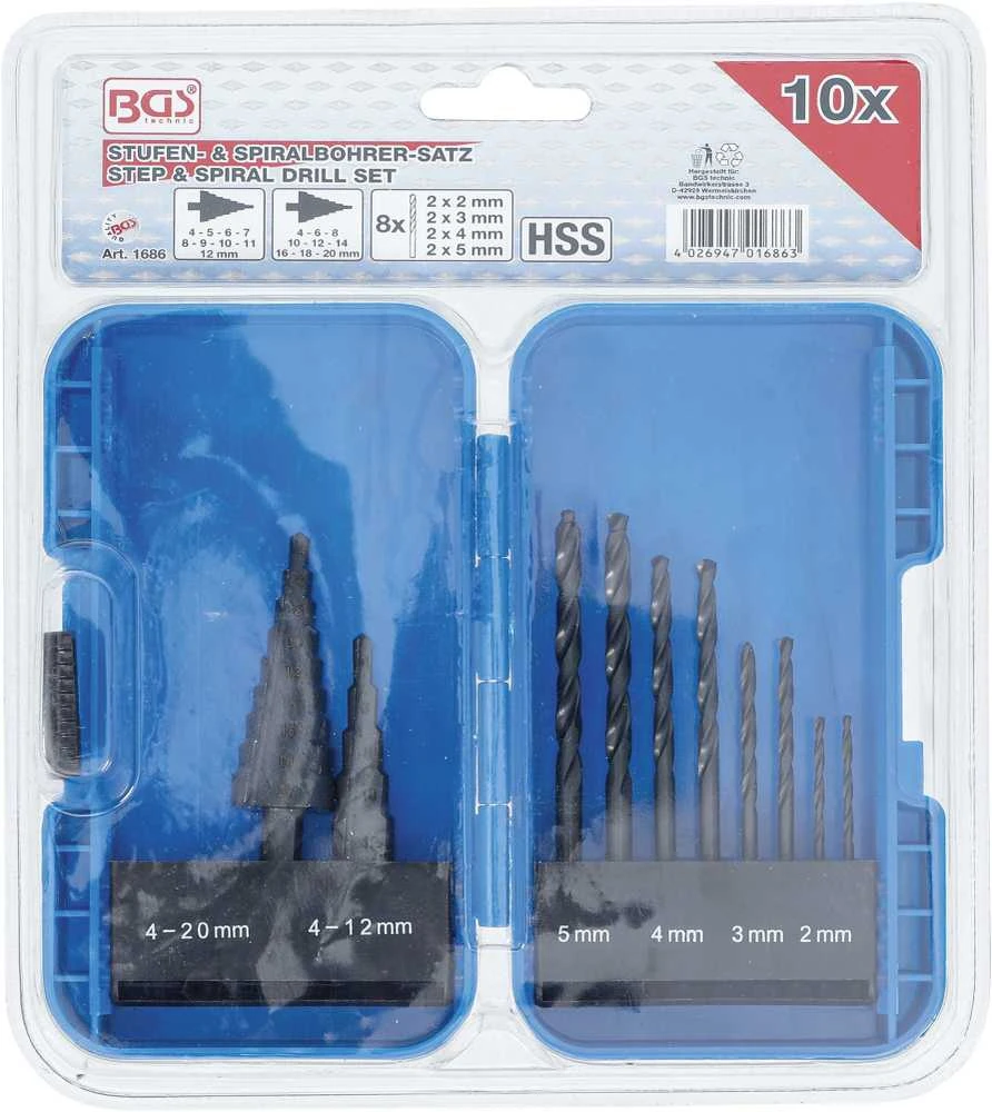 Grąžtas Bgs Technic Pakopinių grąžtų ir grąžtų metalui komplektas | Ø 4 - 12/4 - 20 mm | 2 - 5 mm | 10 vnt. (1686)