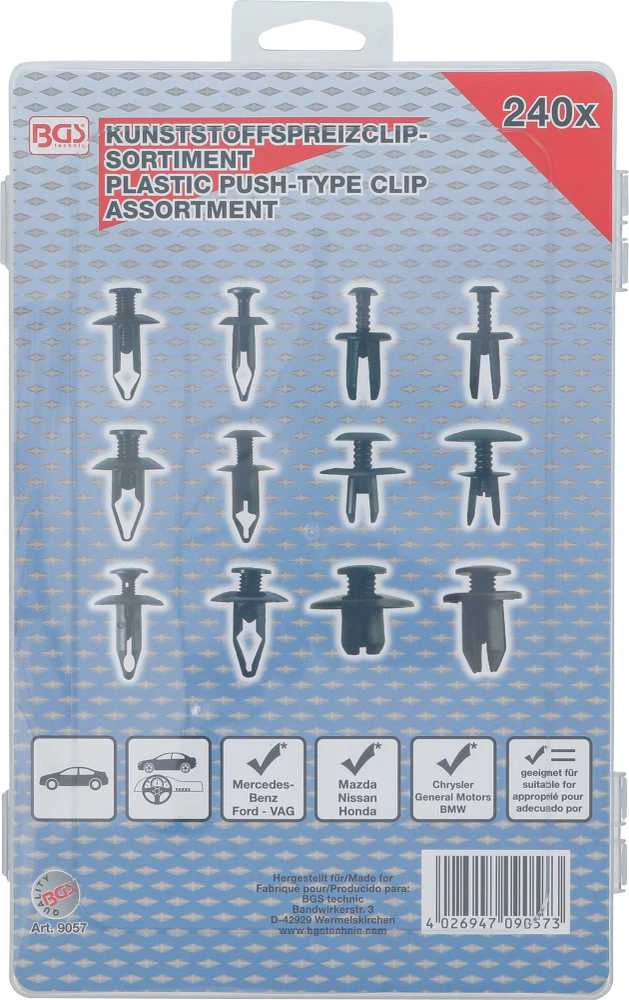 Bgs Technic Plastikinių įspaudimo tipo kniedžių asortimentas automobiliams Mazda, Honda, Ford, Nissan ir VW | 240 vnt. (9057)