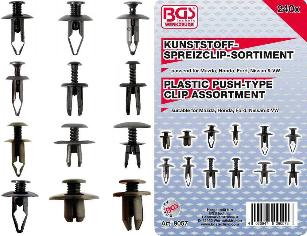 Bgs Technic Plastikinių įspaudimo tipo kniedžių asortimentas automobiliams Mazda, Honda, Ford, Nissan ir VW | 240 vnt. (9057)