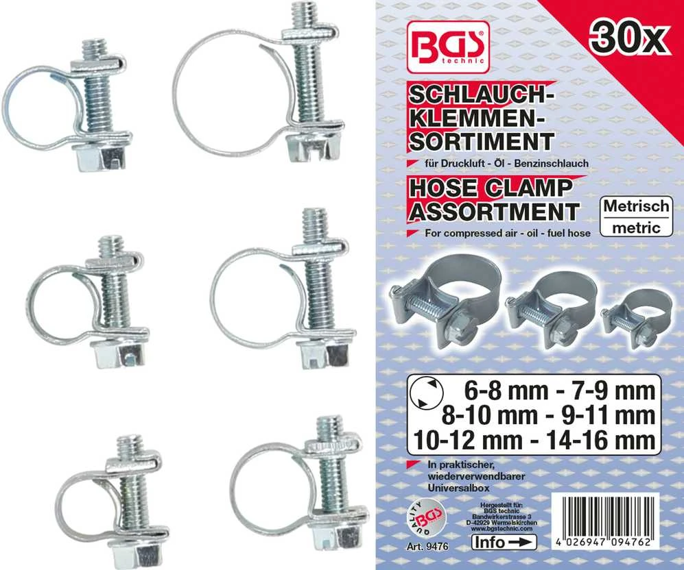 Bgs Technic Plieninių žarnų sąvaržų asortimentas | Ø 6 - 16 mm | 30 vnt. (9476)