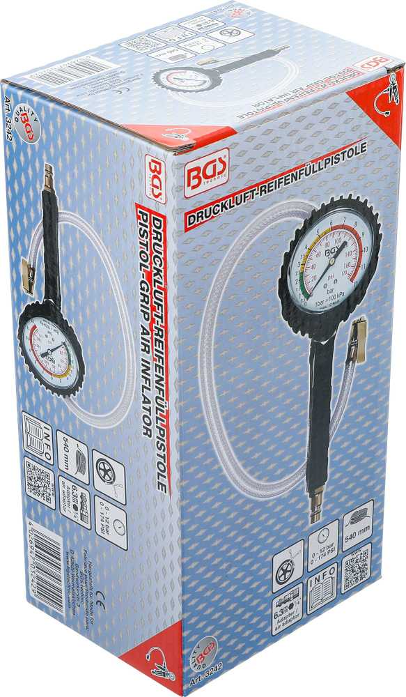 Bgs Technic Pneumatinis padangų pripūtimo pistoletas | 0–12 bar | Ø80 mm manometras (3242)