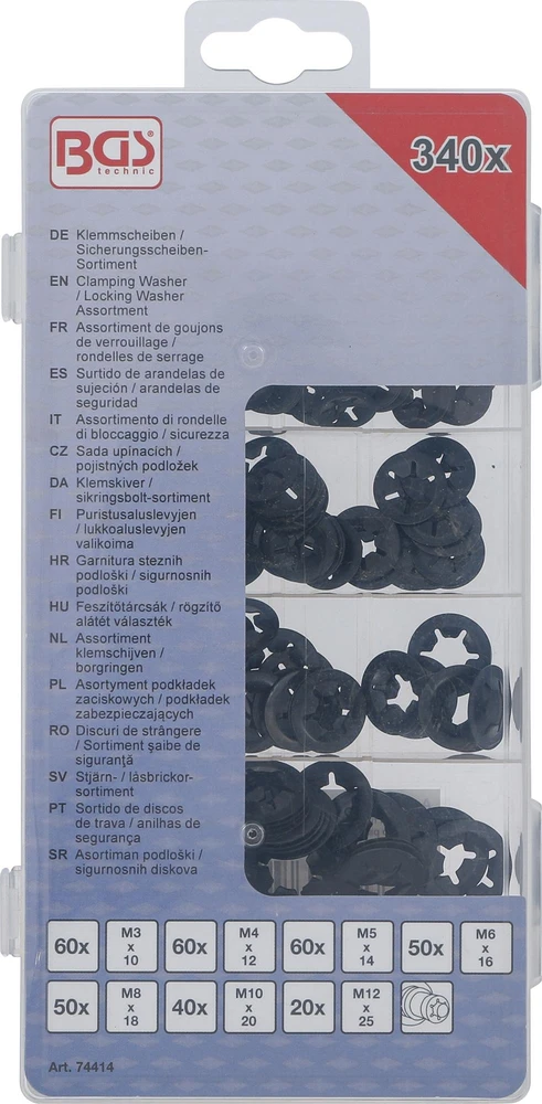 Bgs Technic Prispaudžiamų poveržlių / fiksuojamų poveržlių asortimentas | M3 - M12 | 340 vnt. (74414)