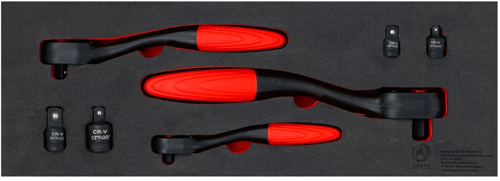 Reversinių terkšlių rinkinys su adapteriais | 6.3 mm (1/4") - 10 mm (3/8") - 12.5 mm (1/2") | 7 vnt (72122)