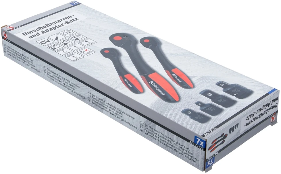 Reversinių terkšlių rinkinys su adapteriais | 6.3 mm (1/4") - 10 mm (3/8") - 12.5 mm (1/2") | 7 vnt (72122)
