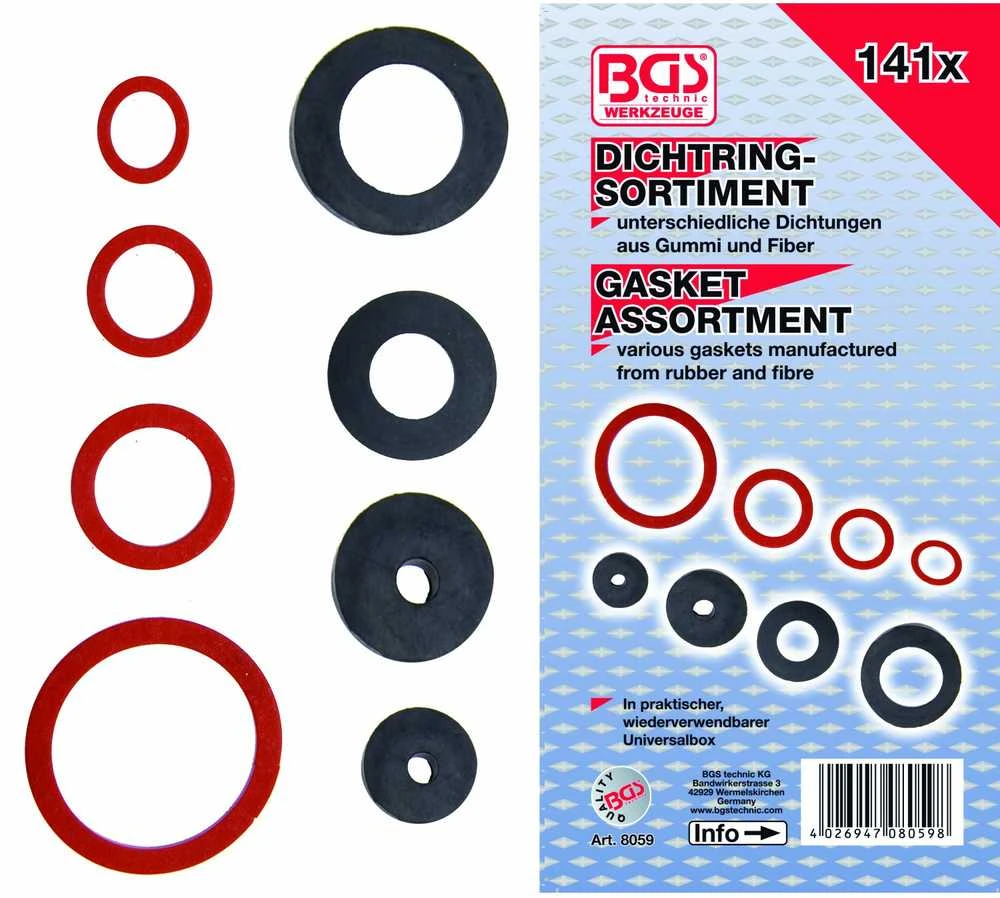 Bgs Technic Sandarinimo / santechninių žiedų asortimentas | Guma ir pluoštas | 141 vnt. (8059)