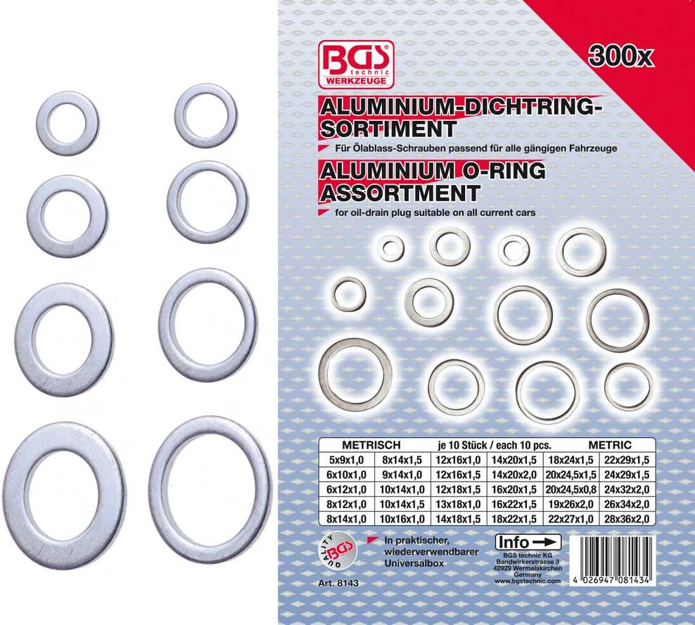 Bgs Technic Sandarinimo žiedų / tarpinių asortimentas | aliuminis | 300 vnt. (8143)