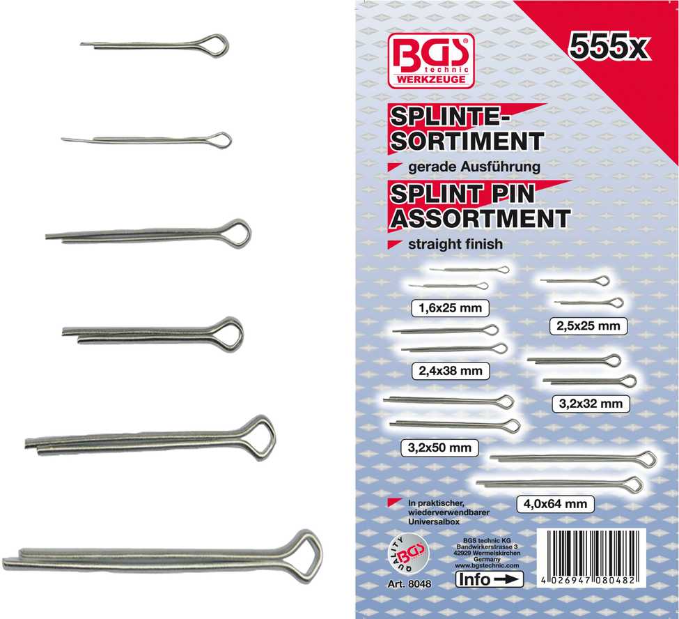 Bgs Technic Segtukų asortimentas | tiesūs | Ø 1.6 - 4.0 mm | 555 vnt. (8048)