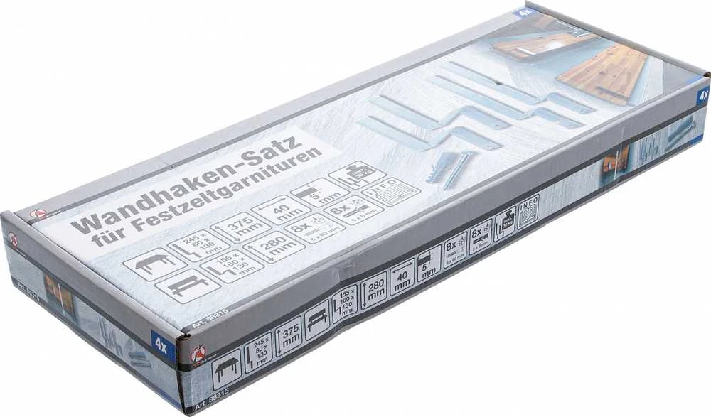 Bgs Technic Sieninių kablių rinkinys | markizės stalui ir suolams | 4 vnt + varžtai (88315)