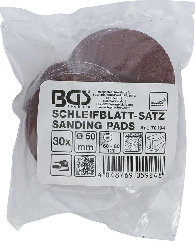 Bgs Technic Šlifavimo padai / šlifavimo rinkinys | Ø 50 mm | K 60 - 80 - 120 | 30 vnt. (70194)