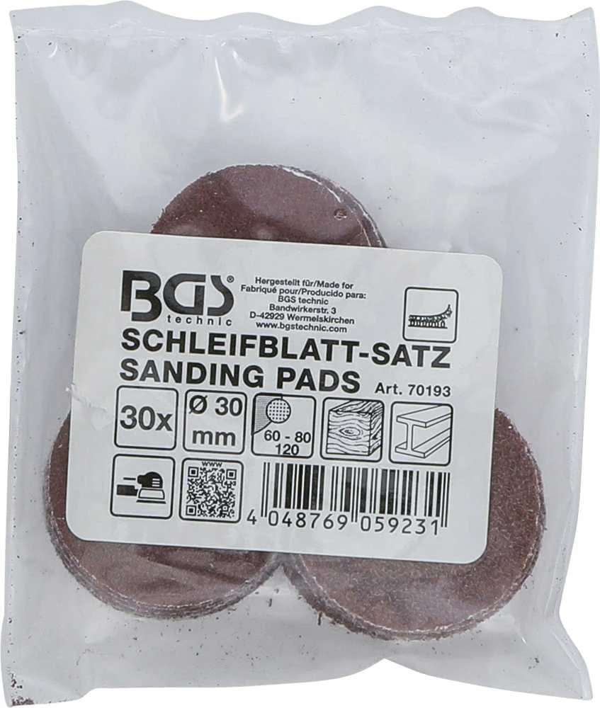 Bgs Technic Šlifavimo padai / šlifavimo rinkinys | Ø 30 mm | K 60 - 80 - 120 | 30 vnt. (70193)