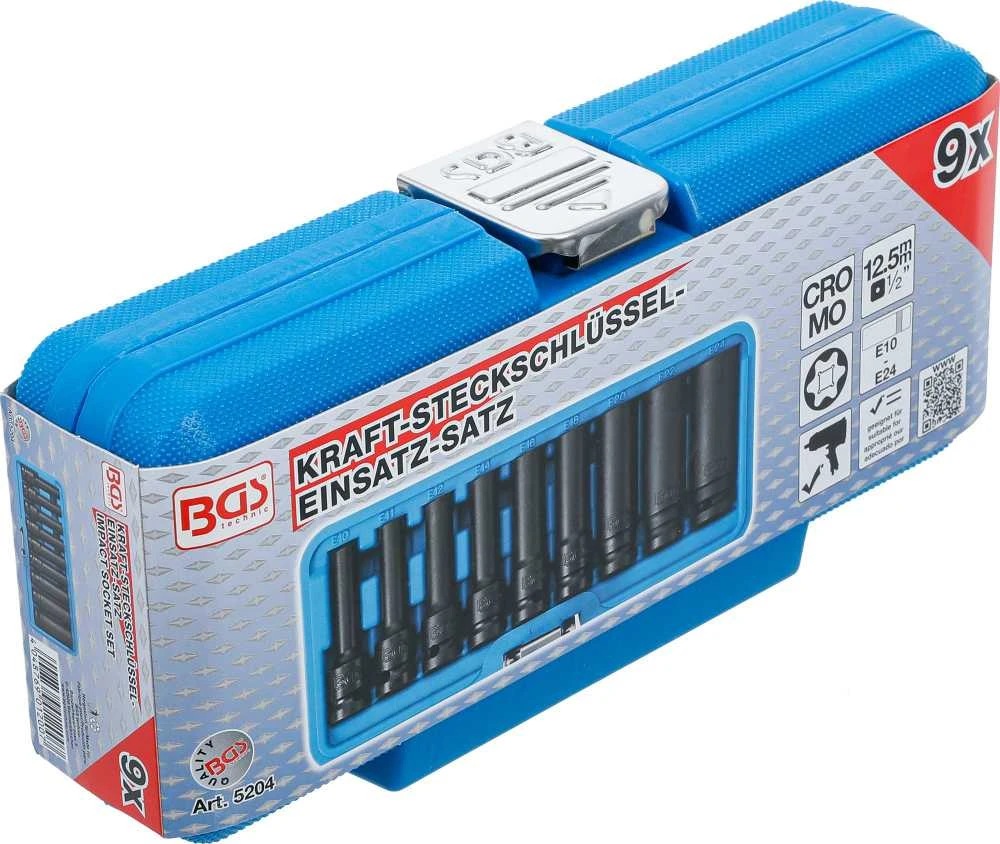 Bgs Technic Smūginių galvučių rinkinys E-Tipas | Ilgos | 12,5 mm (1/2") | E10 - E24 | 9 vnt. (5204)