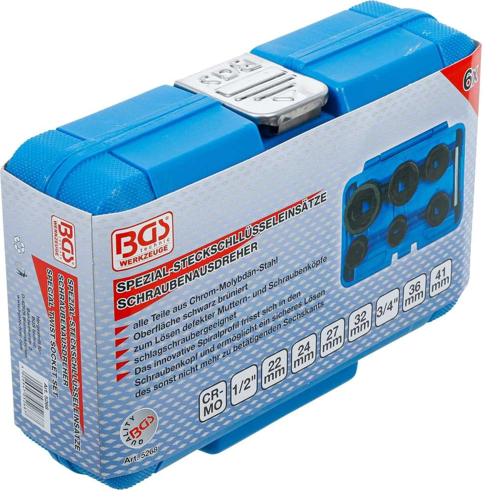 Bgs Technic Specialus galvučių rinkinys / sraigtiniai ištraukikliai – CR-MO spiralinis – 1/2" + 3/4" | 22–41 mm | 6 vnt. (5268)