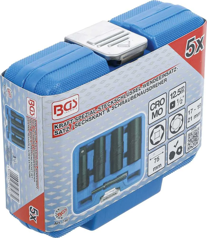 Bgs Technic Specialus smūginių dvipusių galvučių rinkinys / sraigtiniai ištraukikliai ir ilgintuvas | 12,5 mm (1/2") | 17-19-21 mm | 3 vnt. (7467)