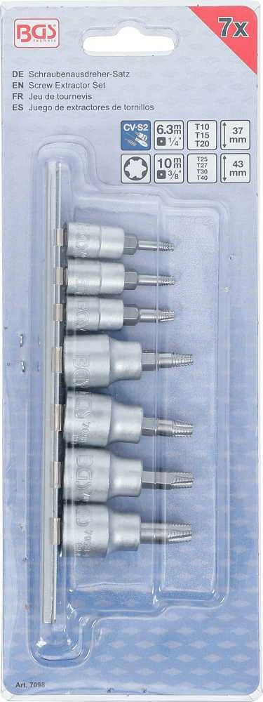 Bgs Technic Sraigtiniai ištraukikliai | | 6,3 mm (1/4") / 10 mm (3/8") | pažeistam T-Star (Torx) T10 - T40 | 7 vnt. (7098) (Pažeista pakuotė)