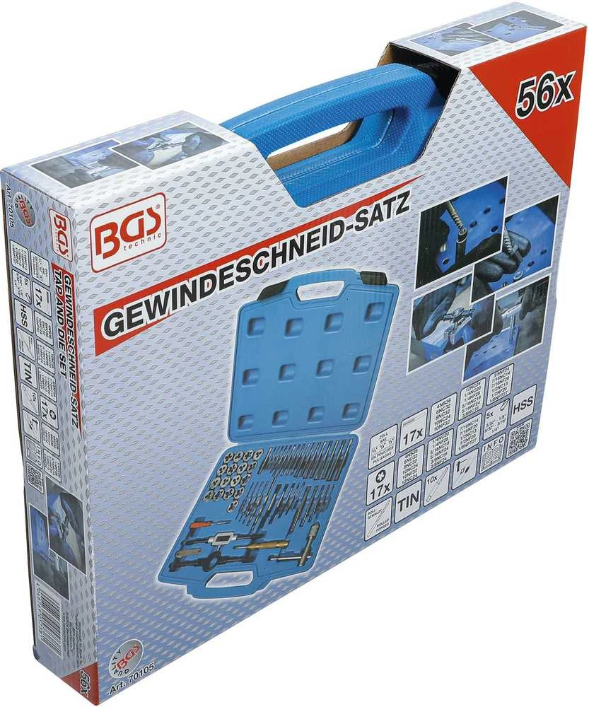 Bgs Technic Sriegiklių ir sriegpjovių komplektas | coliniai dydžiai | 1/4" - 1" | 56 vnt. (70105)