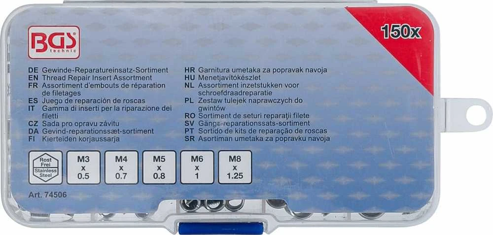 Bgs Technic Sriegio siūlų taisymo įdėklų asortimentas | Nerūdijantis plienas | 150 vnt. (74506)