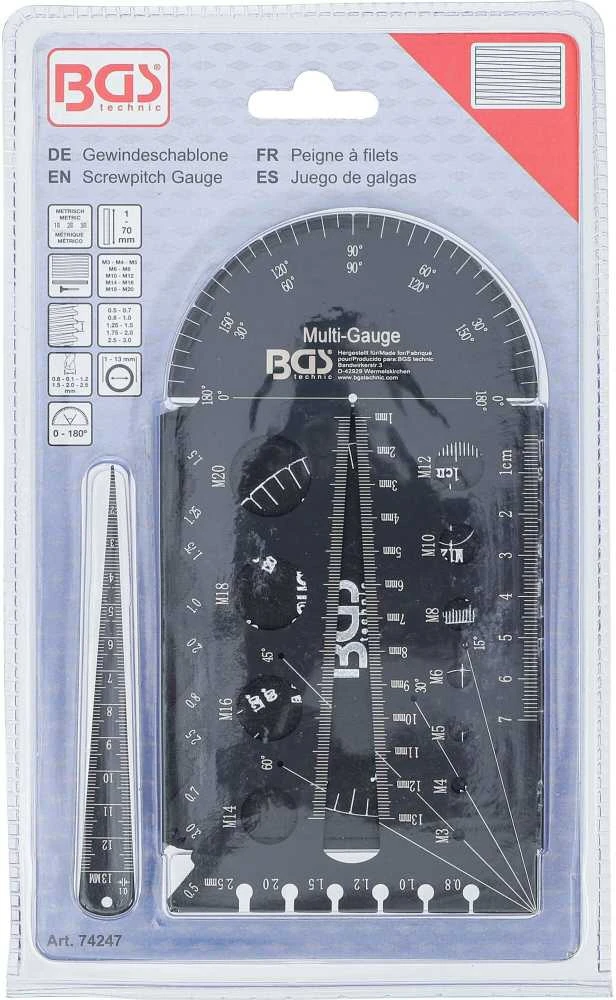 Bgs Technic Sriegio žingsnio matuoklis ir sriegio šablonas | Metrinis | M3 - M20, 0,5 - 13,00 mm (74247)