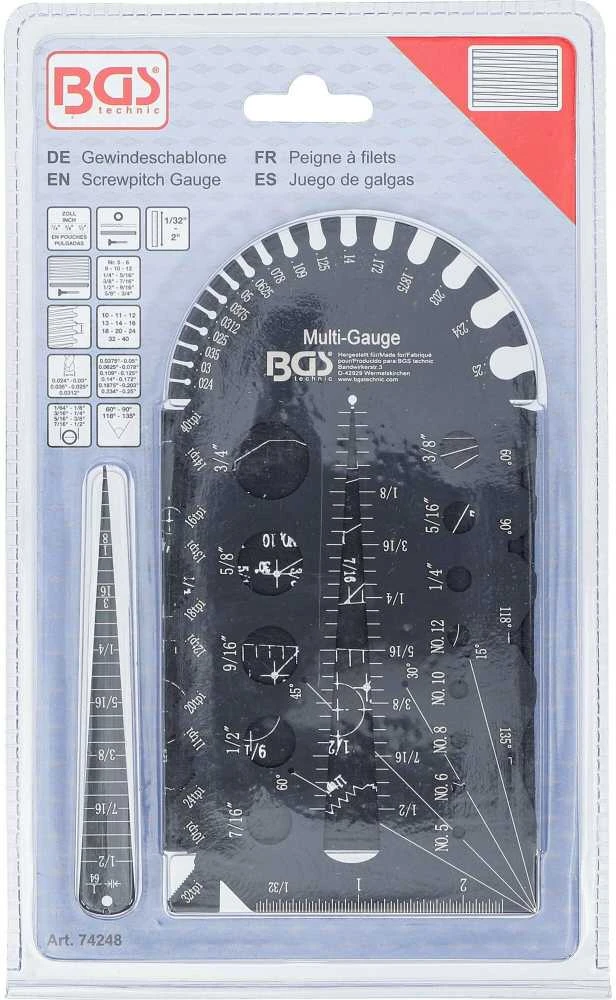 Bgs Technic Sriegio žingsnio matuoklis ir sriegio šablonas | coliniai dydžiai | 1/4 - 2" (74248)