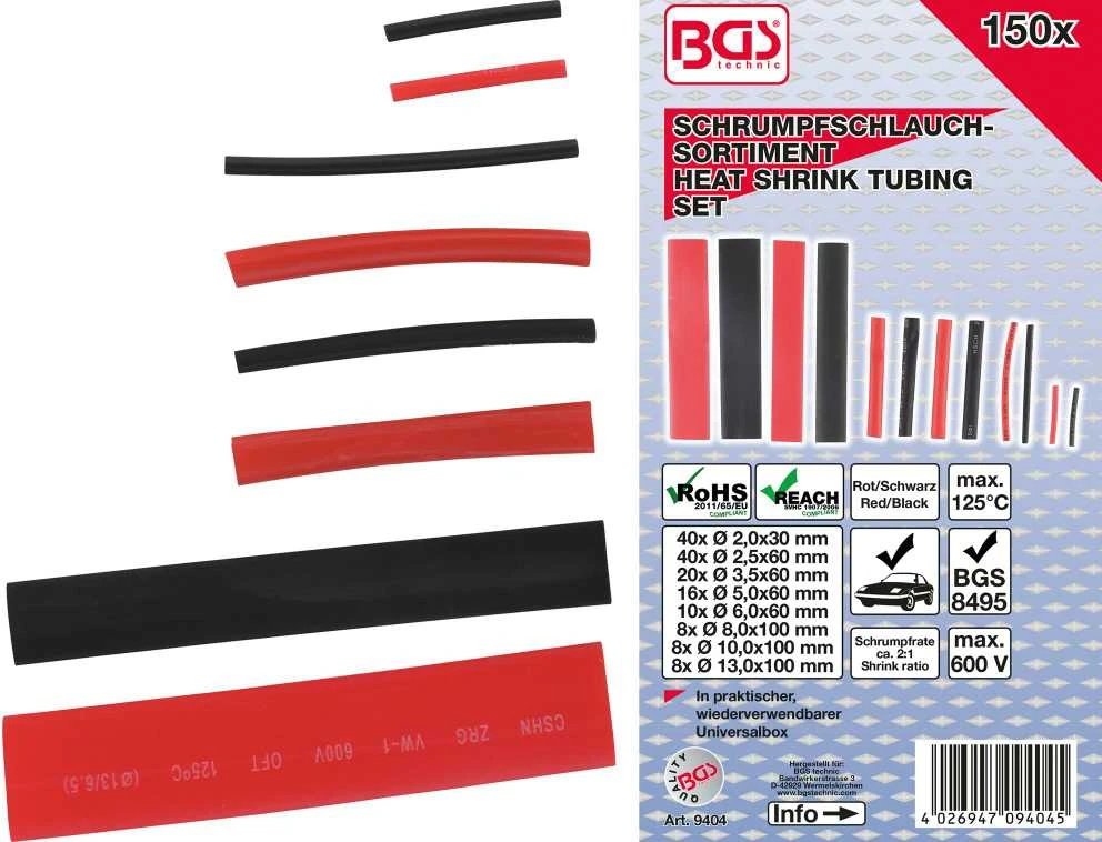 Bgs Technic Susitraukiančių žarnelių asortimentas | Raudona / juoda | 150 vnt. (9404)