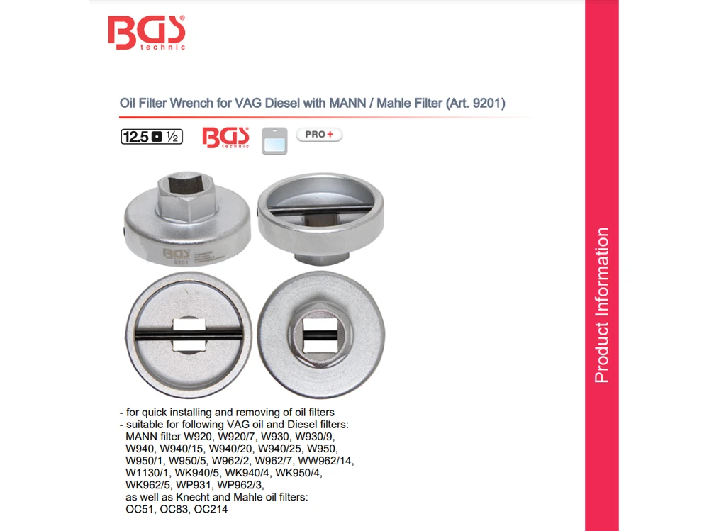 Bgs Technic Tepalo filtro veržliaraktis | VAG dyzelinas su MANN / Mahle filtru (9201)