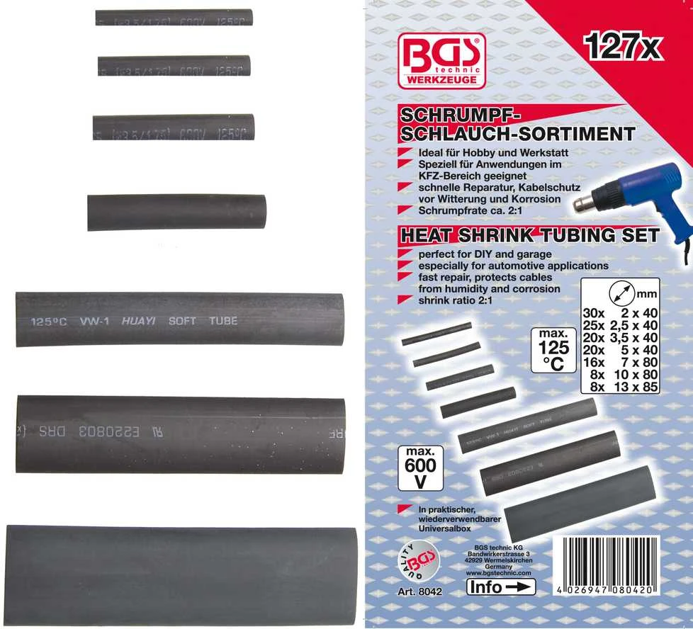 Bgs Technic Termo šlangelių (kembrikų) asortimentas | juodi | 127 vnt. (8042)