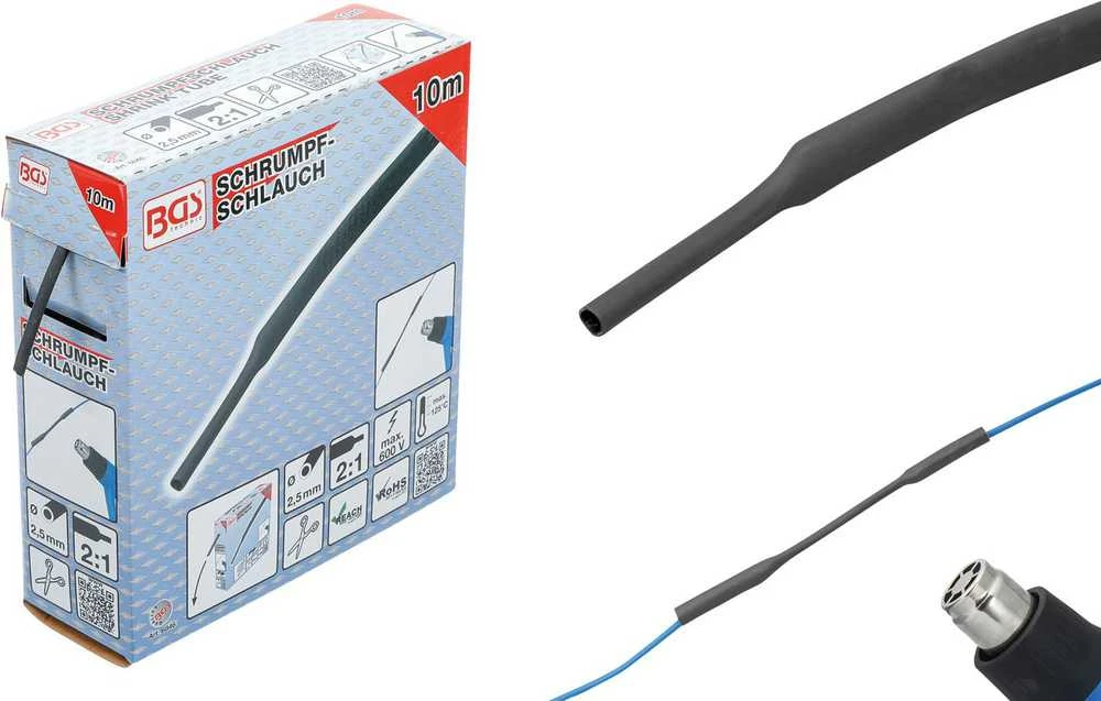 Bgs Technic Termoizoliacinė žarnelė (kembrikas) juoda | dėžutė | Ø 2.5 mm | 10 m (6846)