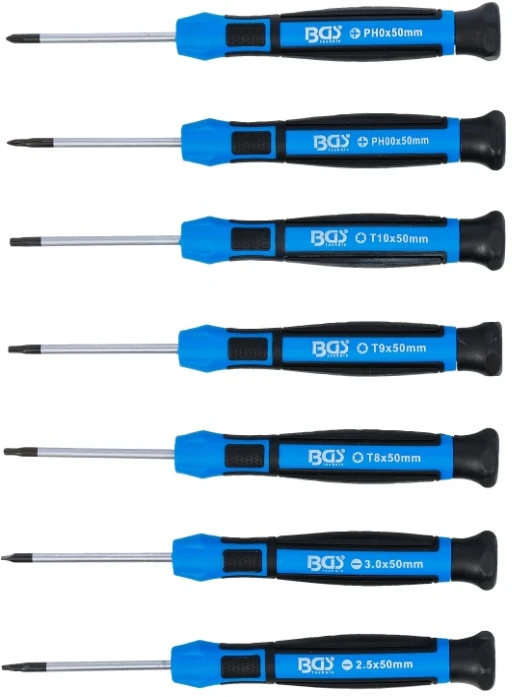 Bgs Technic Tiksliųjų atsuktuvų rinkinys | PH00 - PH0 / slot SL 2.5 - 3.0 mm / T8 - T9 - T10 | 7 vnt (4881)