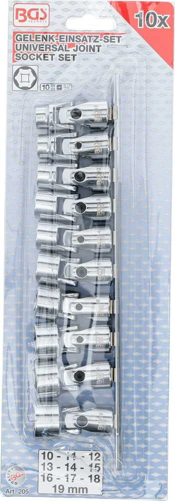 Bgs Technic Universalus galvučių komplektas šarnyrinis, šešiakampis | 10 mm (3/8") | 10 - 19 mm | 10 vnt. (205)