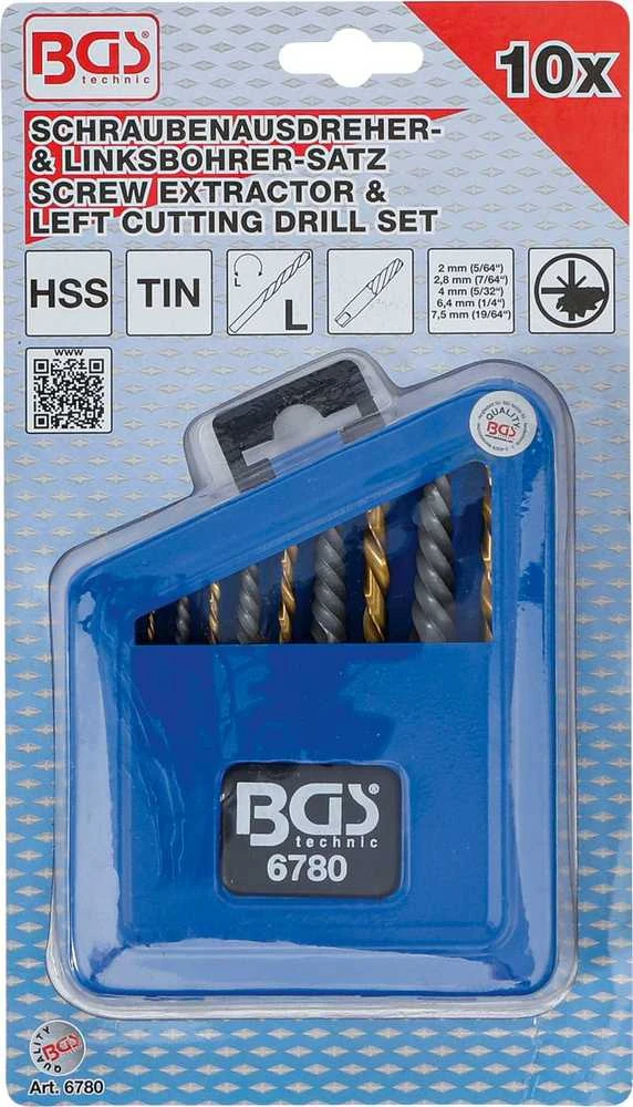 Grąžtas Bgs Technic Užlūžusių varžtų išsukėjų ir kairinių grąžtų rinkinys | HSS | titano nitridas | 2 - 7.5 mm | 10 vnt. (6780)