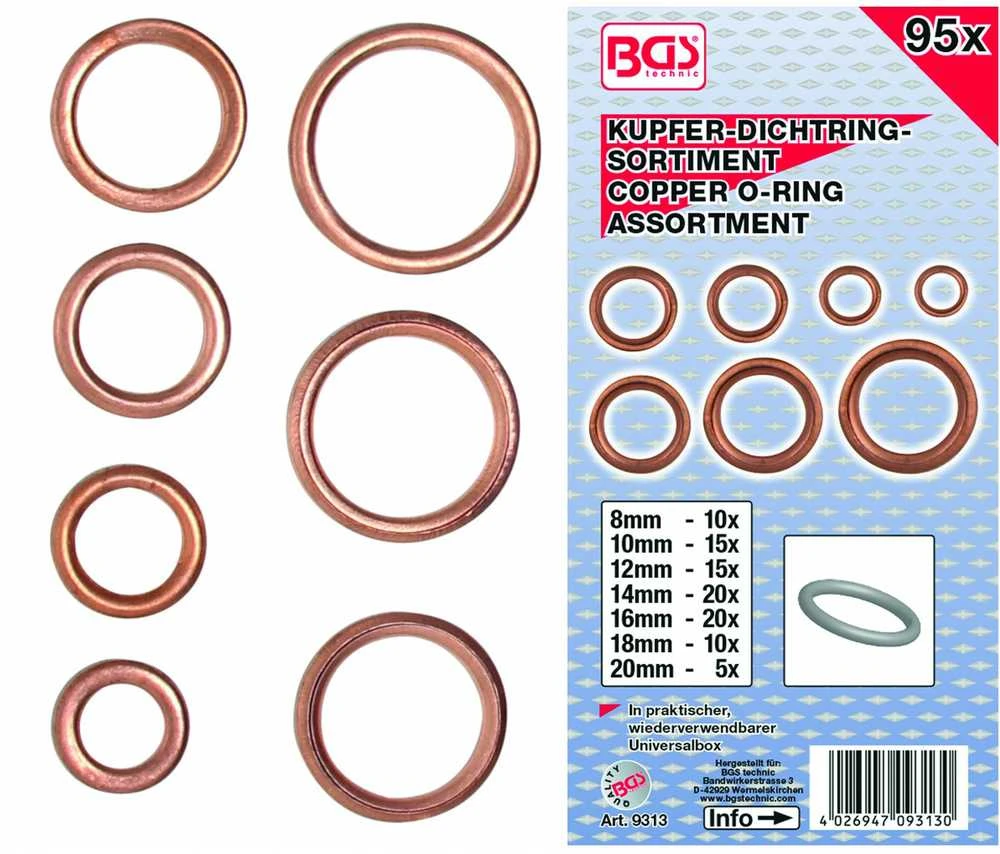 Bgs Technic Varinių tarpinių įpresuotų guma rinkinys | Ø 6-20 mm | 95 vnt. (9313)