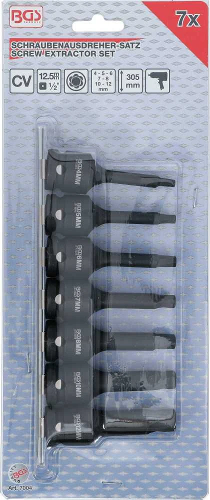 Bgs Technic Varžtų ištraukimo rinkinys | 12,5 mm (1/2") | pažeistam hex šešiakampiui 4 - 12 mm | 7 vnt. (7004) (Pažeista pakuotė)