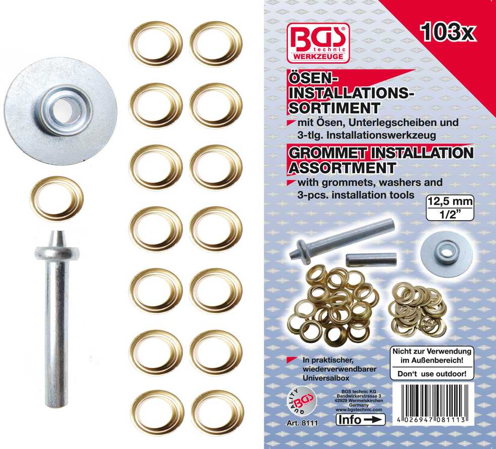 Bgs Technic Žiedelių/kniedžių įstatymo (audinio, odos) rinkinys | 103 vnt. (8111)