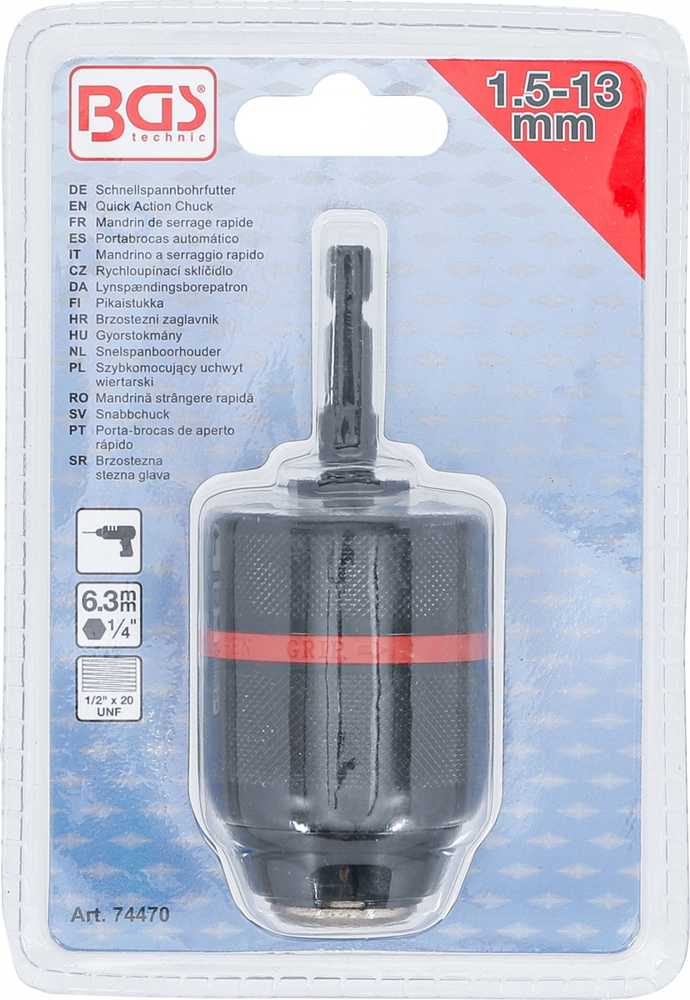 Grąžtas Bgs Technic Greito užspaudimo griebtuvas | metalinė versija | 6,3 mm (1/4") antgalis x 20 UNF | 1.5 - 13 mm (74470)