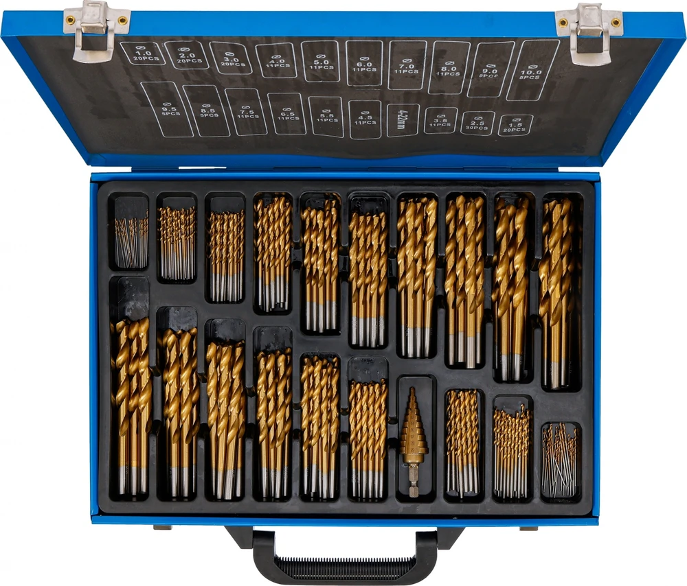 Grąžtas Bgs Technic Spiralinių ir pakopinių grąžtų rinkinys HSS su titano nitrido danga, 1–10 mm, 231 vnt. (72130)