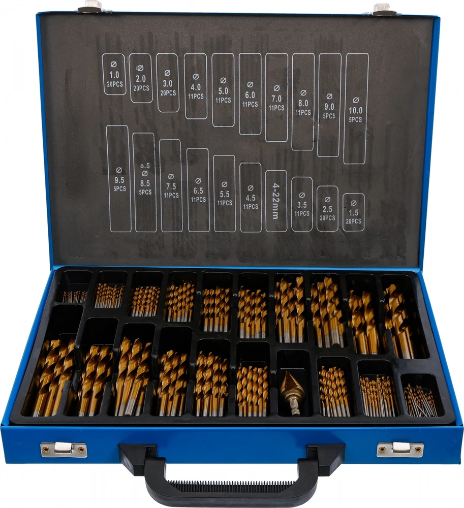 Grąžtas Bgs Technic Spiralinių ir pakopinių grąžtų rinkinys HSS su titano nitrido danga, 1–10 mm, 231 vnt. (72130)