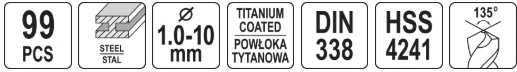 Grąžtas Toya Sa Poland Grąžtų rinkinys metalui | 1.0 - 10 mm | 99 vnt. (YT-44591)
