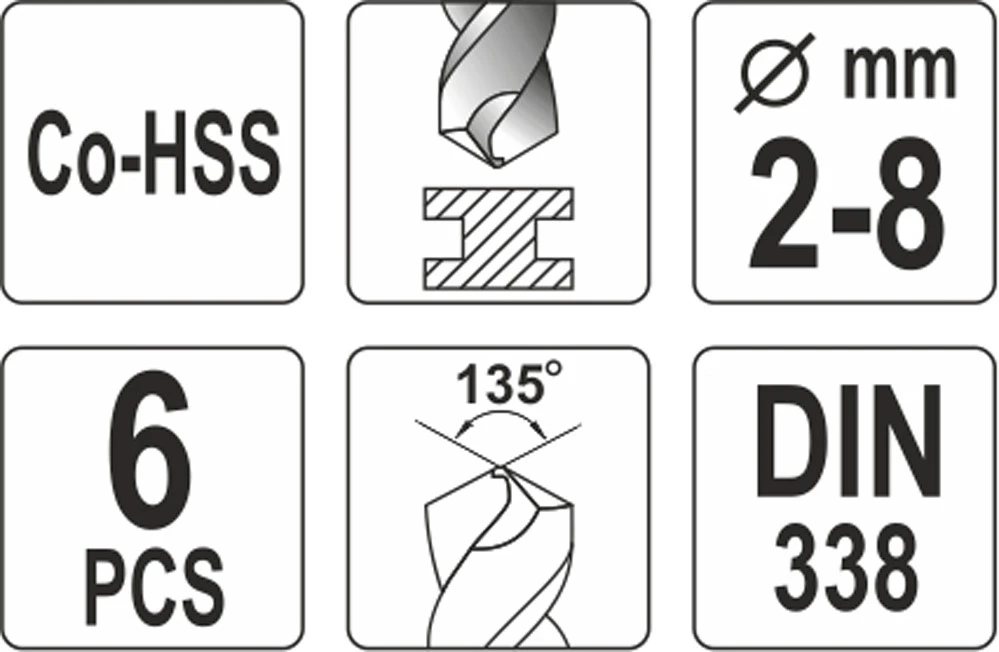 Grąžtas YATO METALO GRĄŽTŲ RINKINYS CO HSS 6vnt./2-8/ 2, 3, 4, 5, 6, 8mm