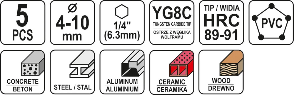 Grąžtas YATO grąžtai UNIWERSALNE HEX KPL. 5szt. 4-10mm