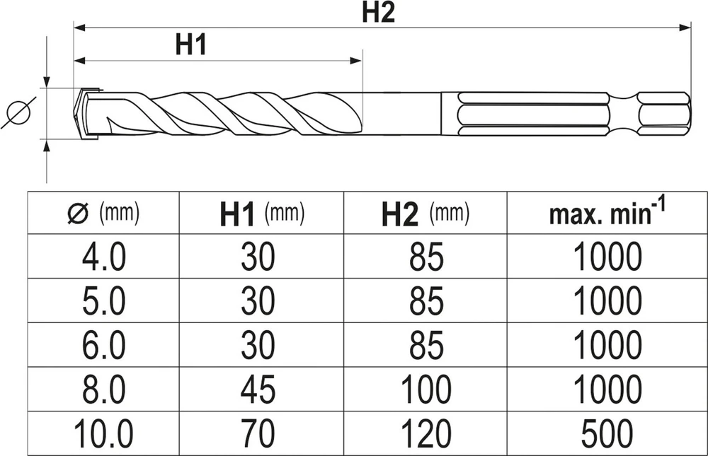 Grąžtas YATO grąžtai UNIWERSALNE HEX KPL. 5szt. 4-10mm
