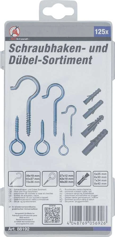 Bgs Technic Kabliukų ir kaiščių / diubelių asortimentas | 125 vnt. (88192)