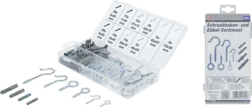 Bgs Technic Kabliukų ir kaiščių / diubelių asortimentas | 125 vnt. (88192)