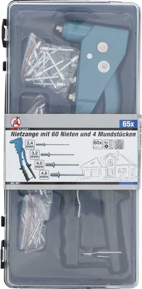 Bgs Technic Kniediklis su kniedžių rinkiniu | 2.4 / 3.2 / 4.0 / 4.8 mm | 60 vnt (401)