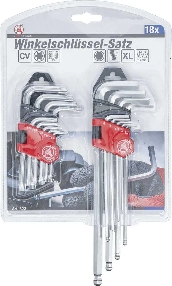 Bgs Technic L tipo raktų rinkinys | ilgi | T-Star (Torx) T10 - T50 / Hex šešiakampis 1,5 - 10 mm | 18 vnt. (822)