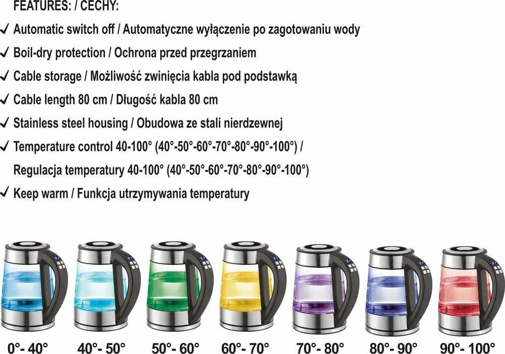 Stiklinis arbatinukas - virdulys LUND, su temperatūros kontrole, LED apšvietimu, 1.7L