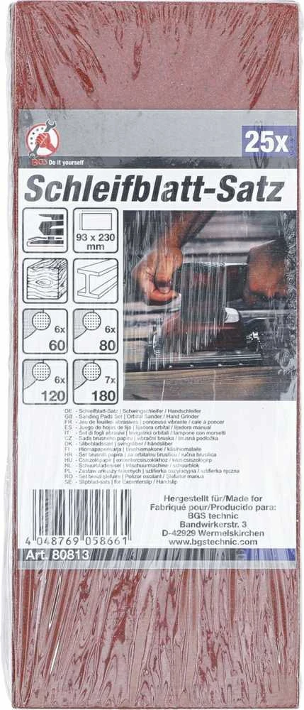 Bgs Technic Šlifavimo padų rinkinys | Orbitinis šlifuoklis / rankinis šlifuoklis | 93 x 230 mm | K 60 - 120 | 25 vnt. (80813)