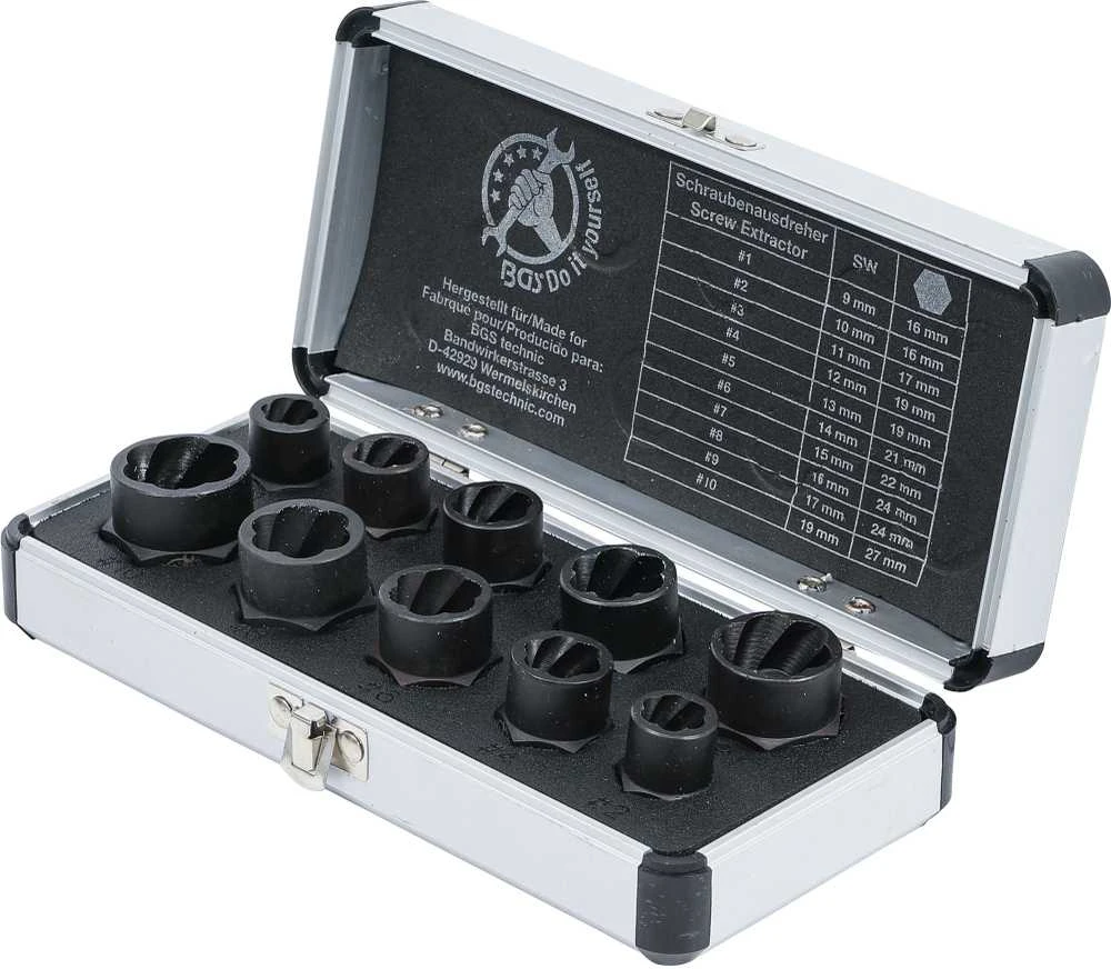 Bgs Technic Specialių galvučių rinkinys | Sraigtiniai ištraukėjai | 10 mm (3/8") | 9-19 mm | 10 vnt. (20210)
