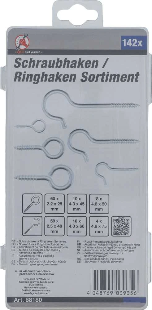 Bgs Technic Sraigtinių kablių / žiedinių kablių asortimentas | 142 vnt. (88180)