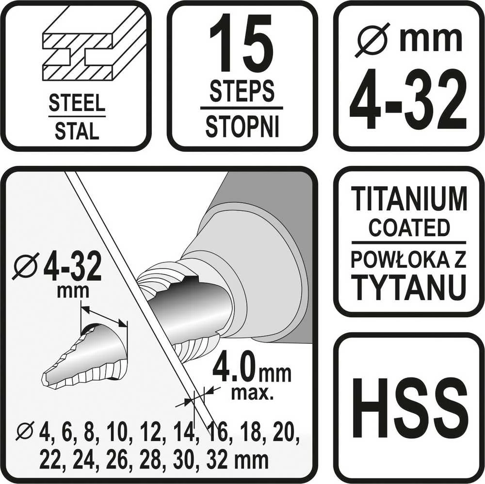 Sthor Toya Sa Poland Grąžtas skylės (pa)platinimui pakopinis | 4-32 mm (22612)